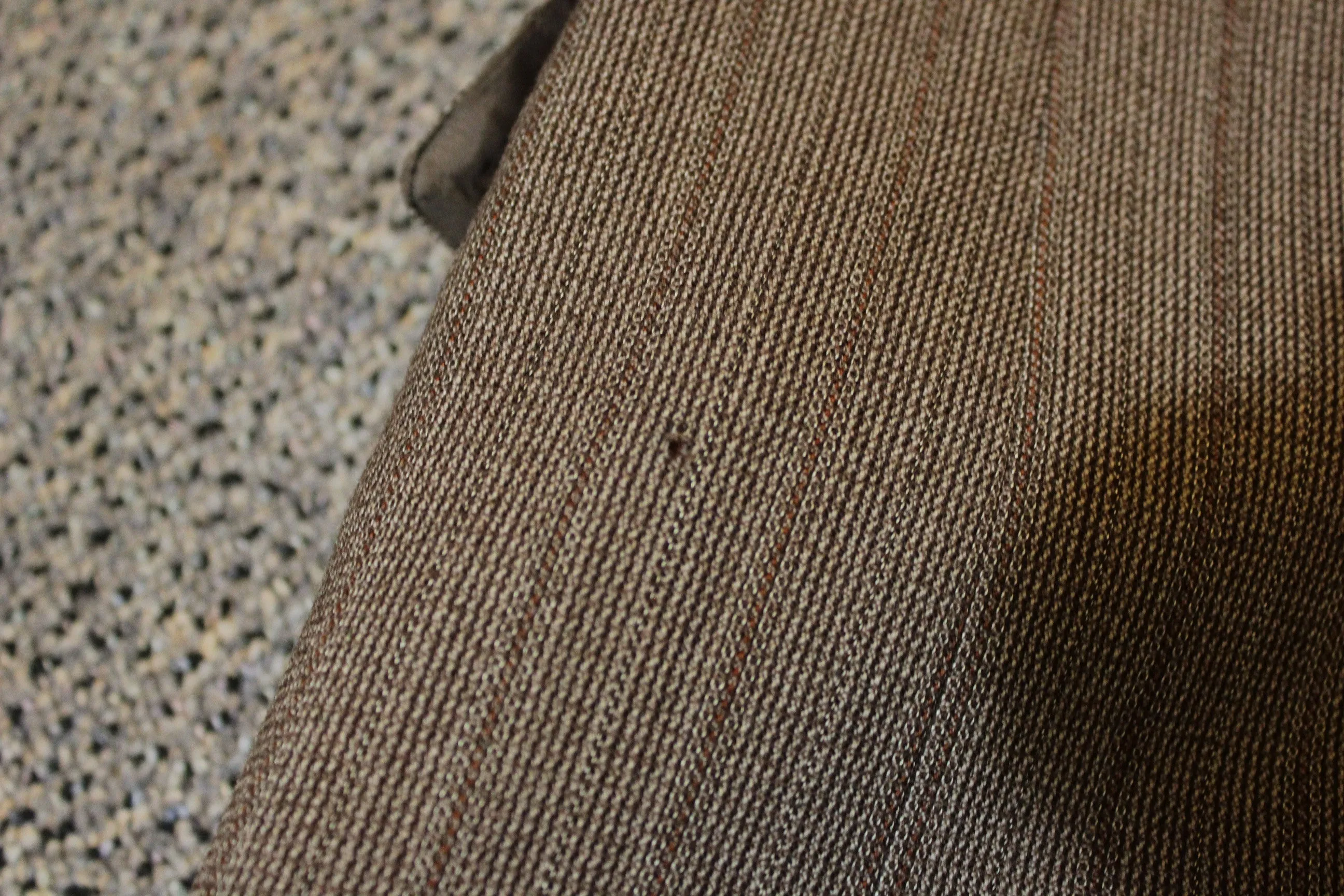 3 Piece Pinstriped Brown Double Breasted Vintage Suit. Men's Large. Flap Pockets. Made in USA