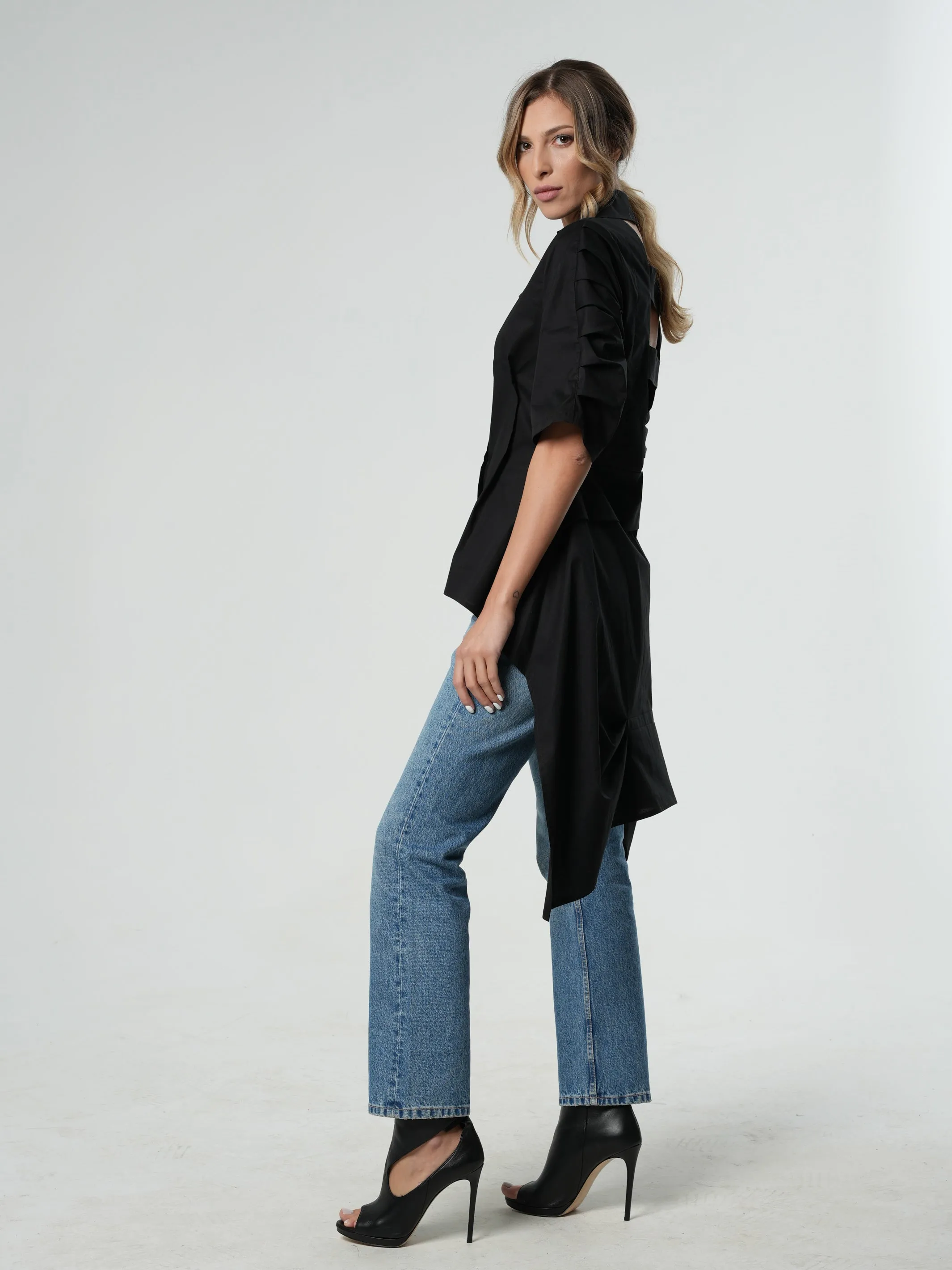 Asymmetric Shirt With Open Back In Black