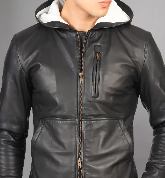 Baston Black Hooded Leather Bomber Jacket