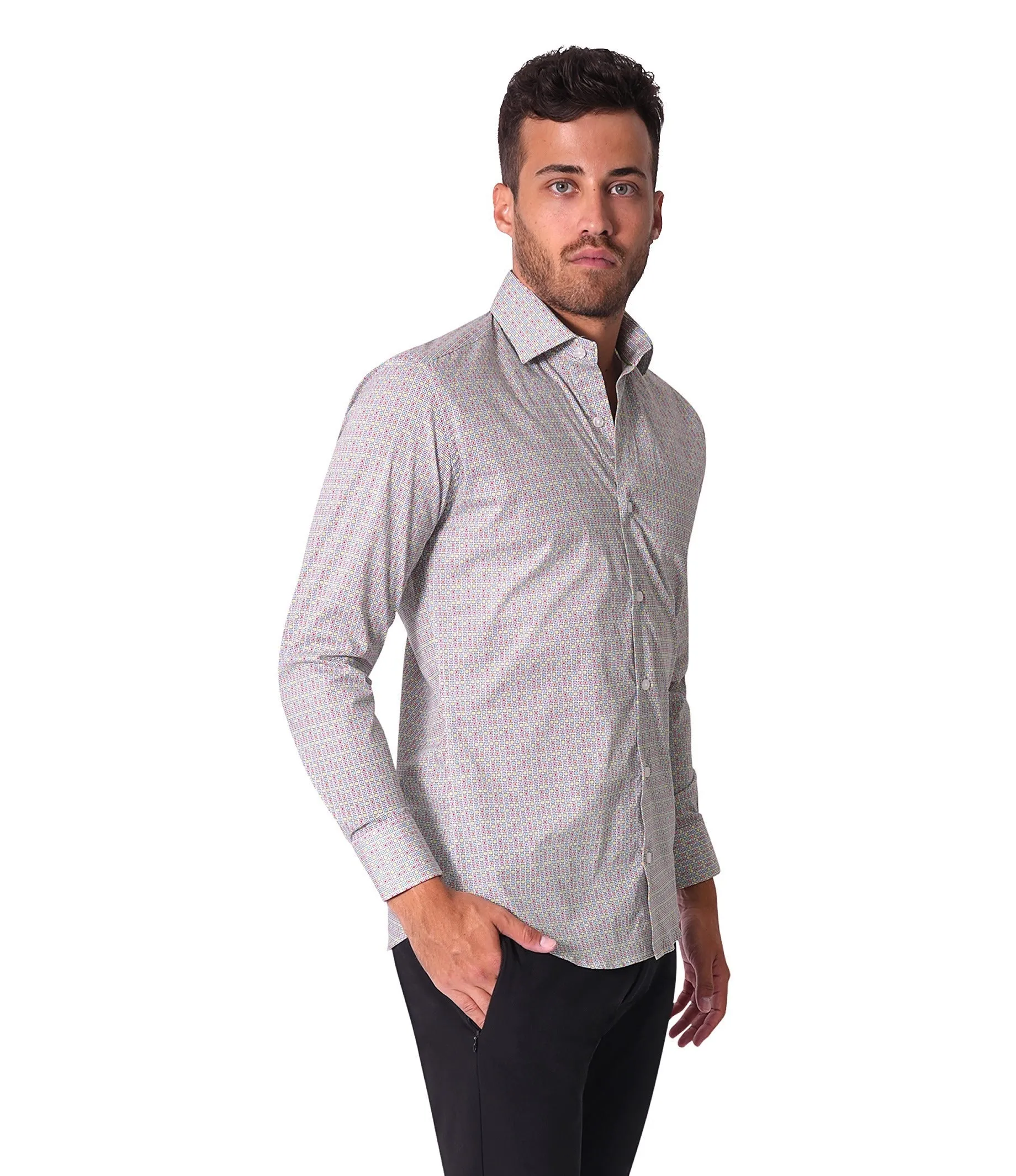 Bertigo Shirt | Vince-05 White Color Square Geometric Print