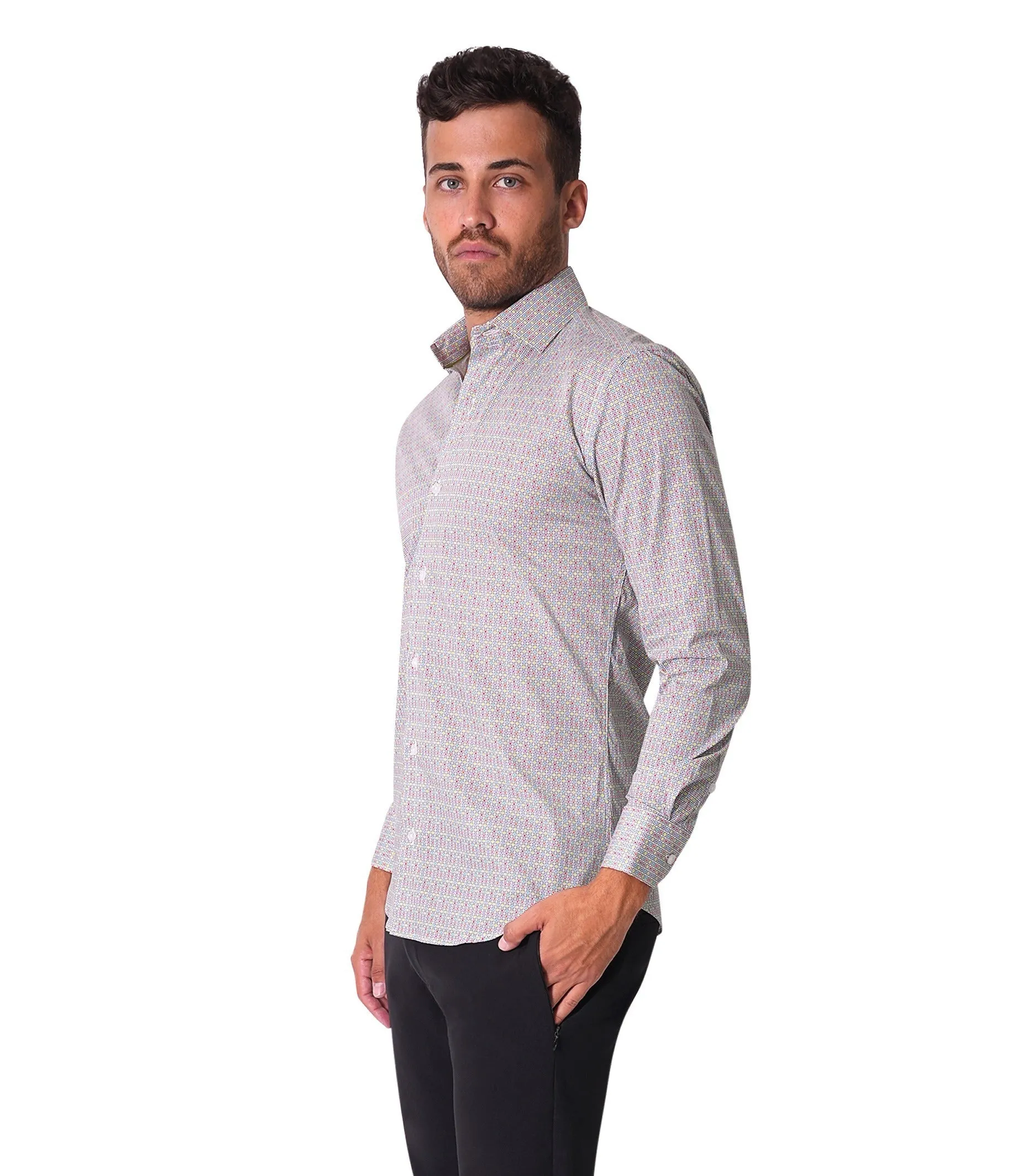 Bertigo Shirt | Vince-05 White Color Square Geometric Print