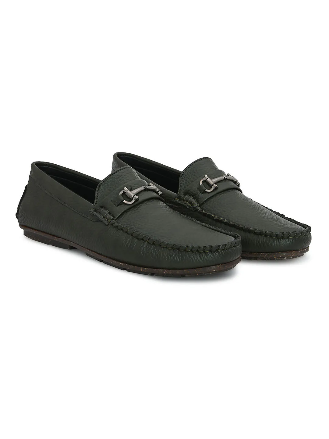 Buckle Embellished Olive Loafers