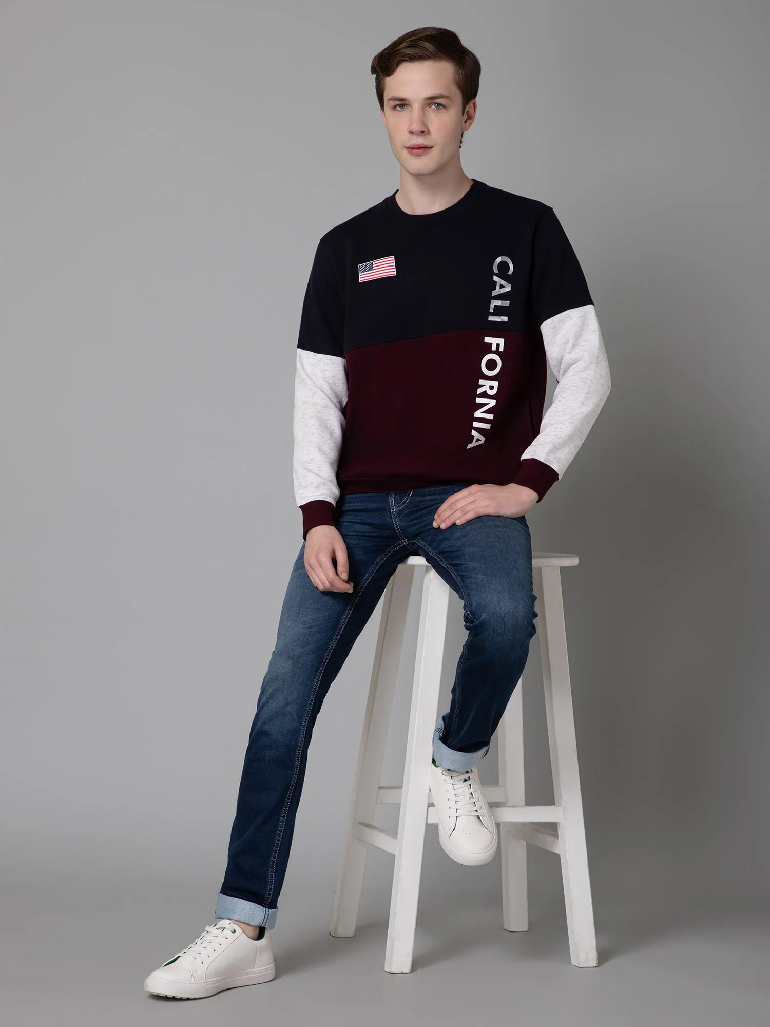 Cantabil Color Blocked Wine Full Sleeves Rounded Neck Regular Fit Casual Sweatshirt for Men