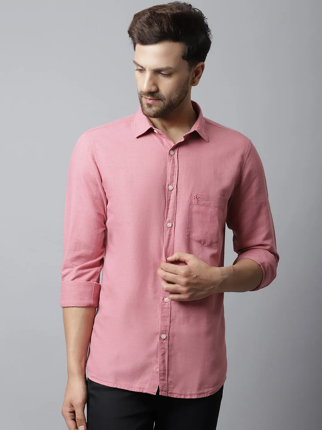 Cantabil Cotton Blend Solid Mauve Full Sleeve Casual Shirt for Men with Pocket