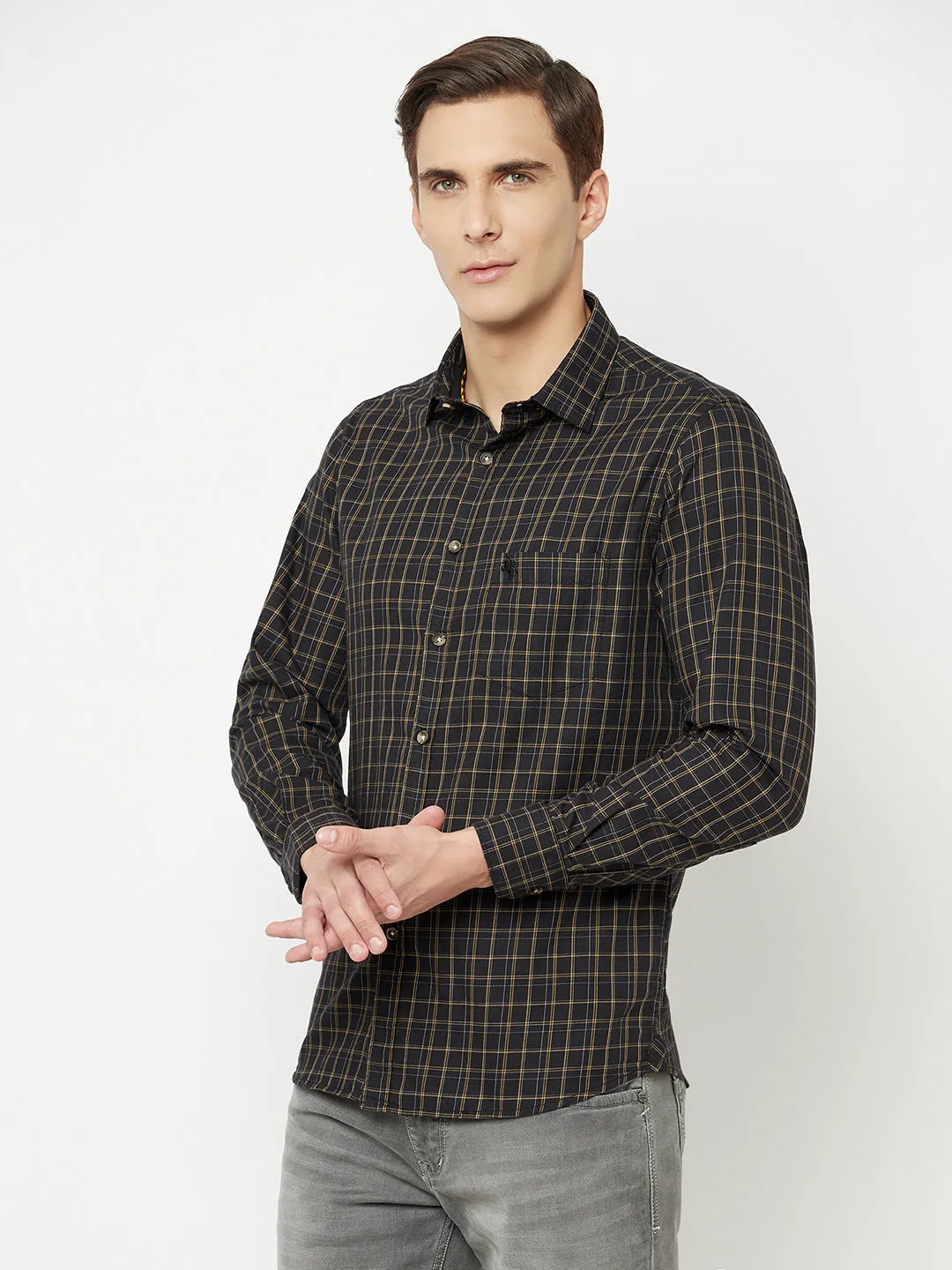 Cantabil Cotton Checkered Black Full Sleeve Casual Shirt for Men with Pocket