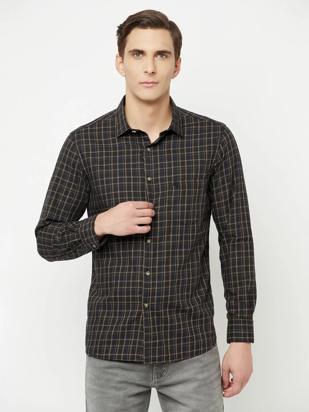 Cantabil Cotton Checkered Black Full Sleeve Casual Shirt for Men with Pocket