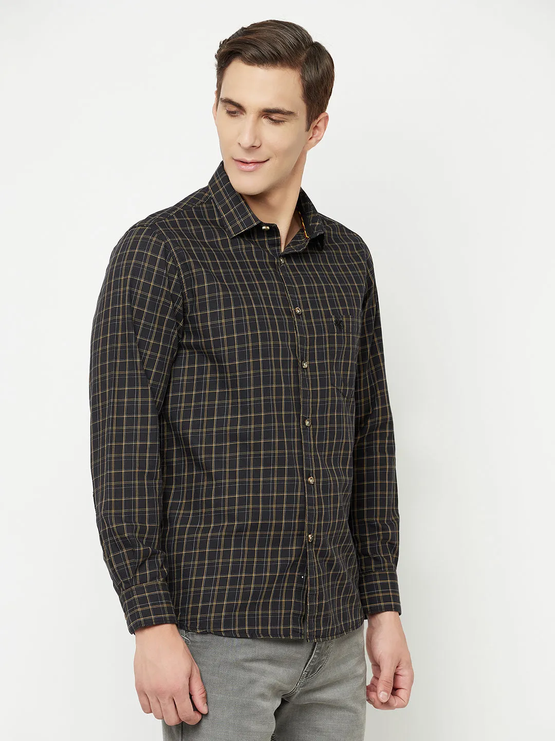 Cantabil Cotton Checkered Black Full Sleeve Casual Shirt for Men with Pocket