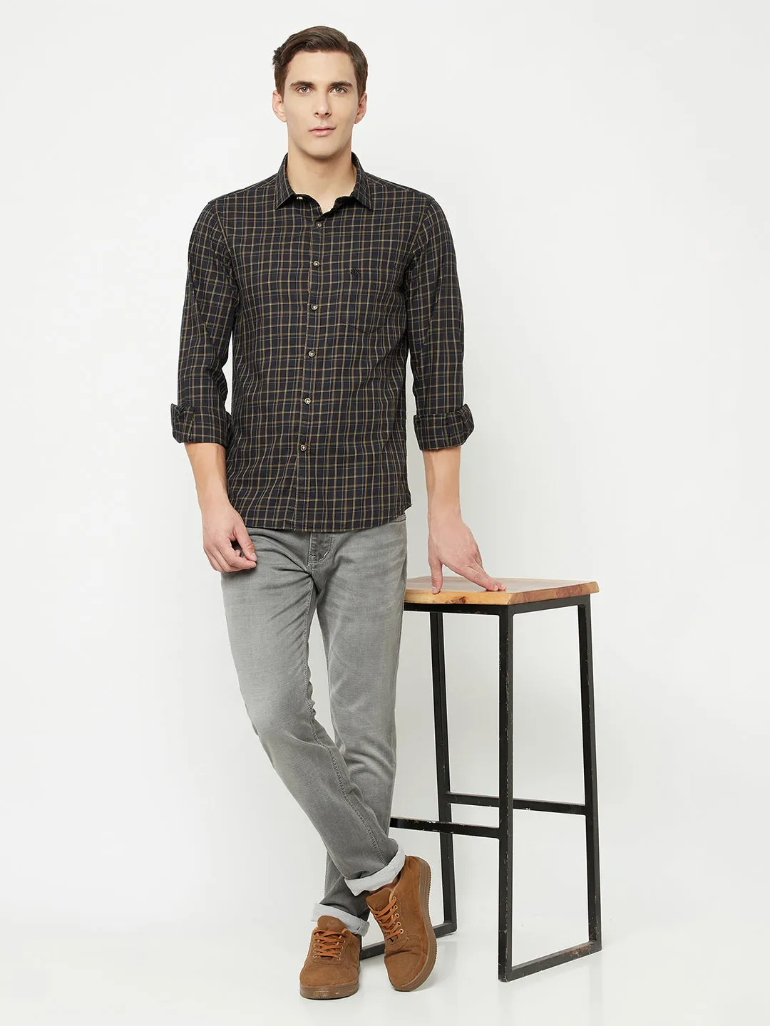 Cantabil Cotton Checkered Black Full Sleeve Casual Shirt for Men with Pocket