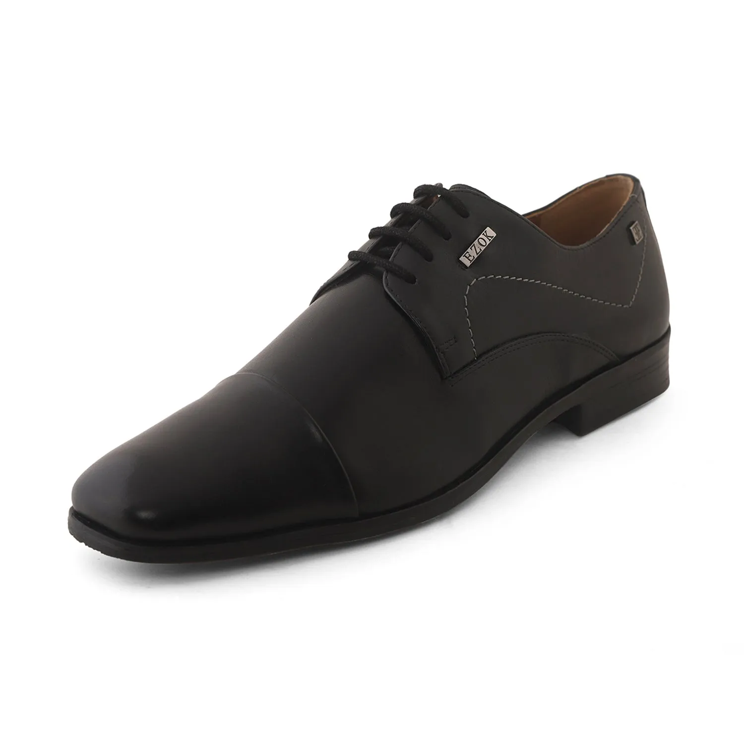 Ezok Black Formal Cap Toe Leather Derby Shoes