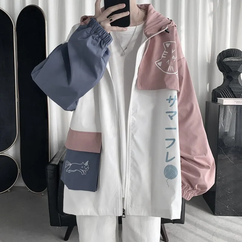 Foesce -Men's Streetwear Bomber Jacket Fashion Trend Coats Cartoon Printing Windbreaker Loose Pink/blue Color Outerwear Size S-3XL