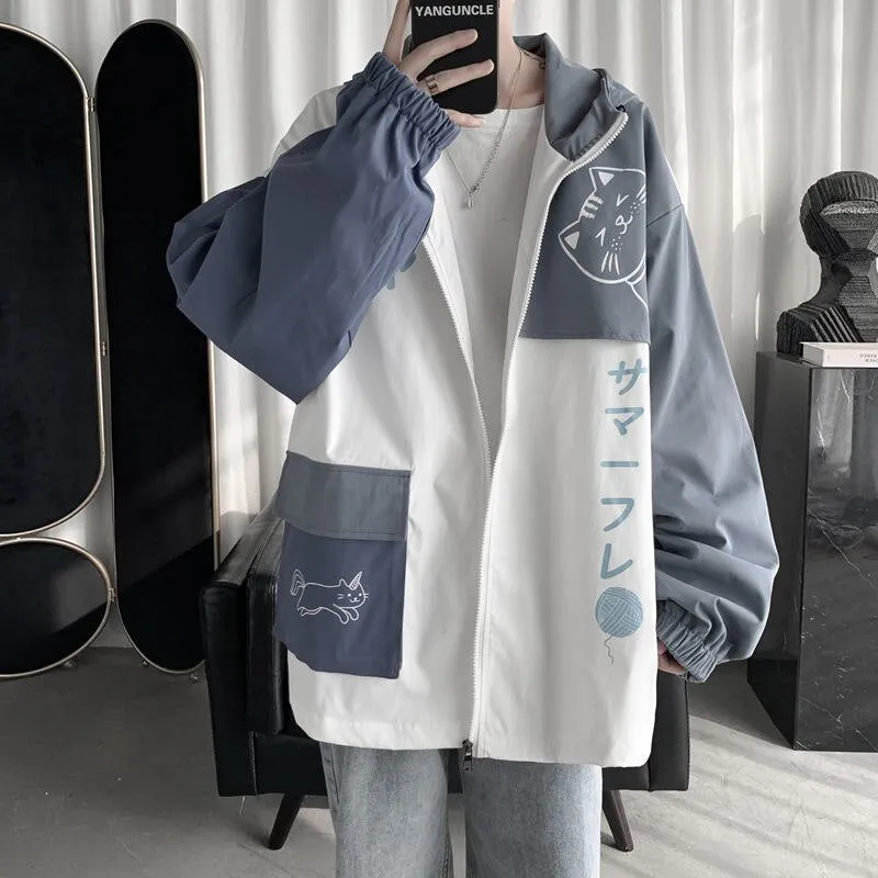 Foesce -Men's Streetwear Bomber Jacket Fashion Trend Coats Cartoon Printing Windbreaker Loose Pink/blue Color Outerwear Size S-3XL