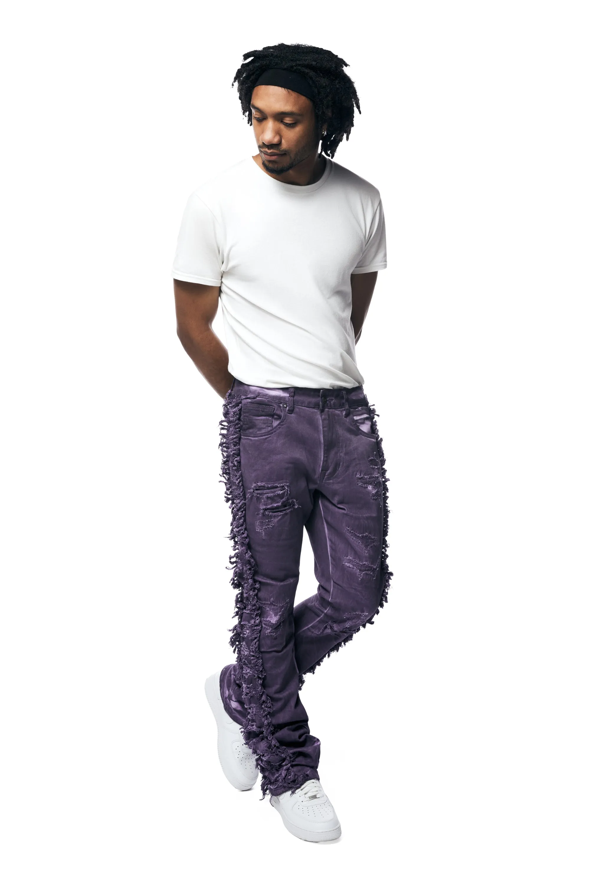 Frayed Stacked Pigment Dyed Pants - Purple