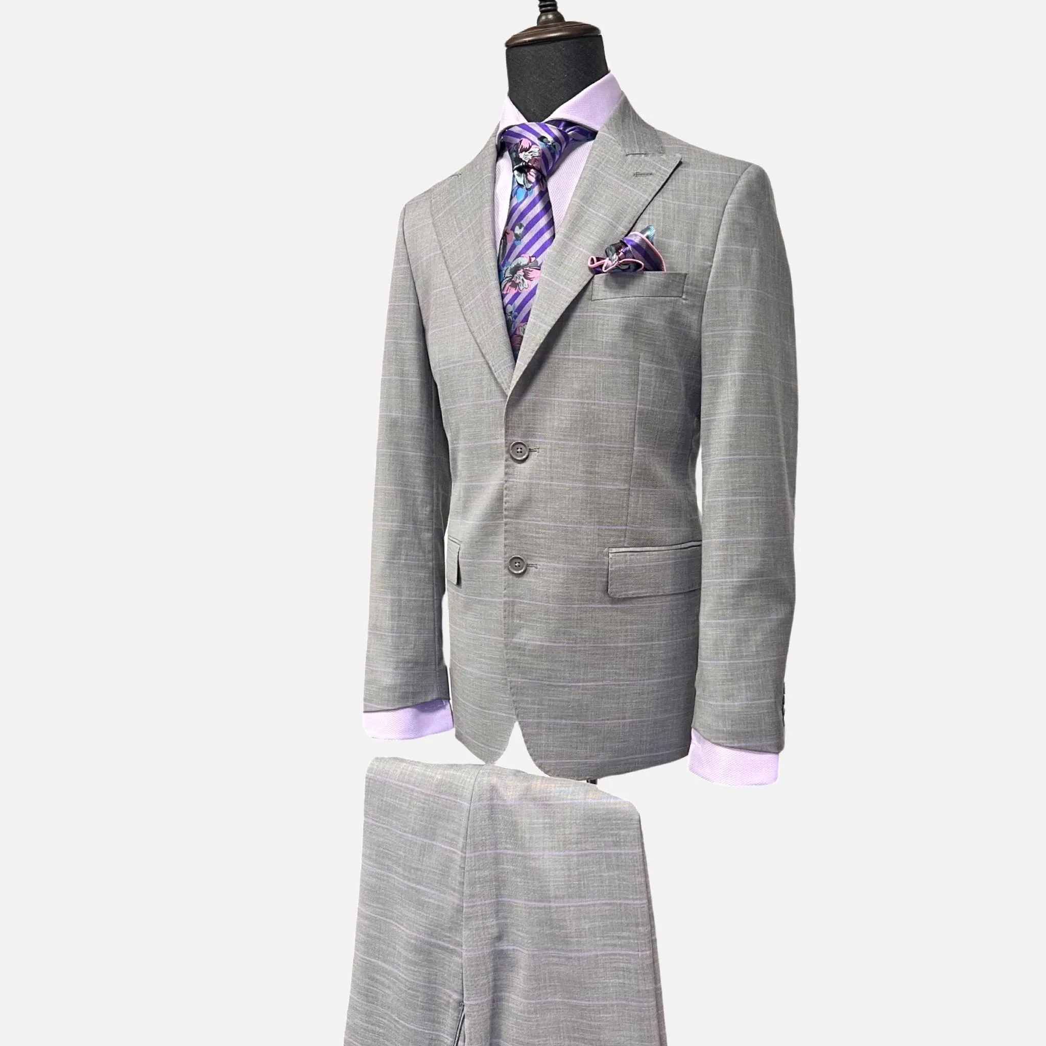 Gray with Lavender Plaid Striped Suit - Wool and Silk Blend, Modern Fit