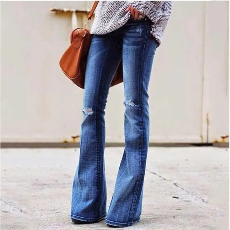 High Waist Flare Ripped Skinny Denim Wide Leg Jeans