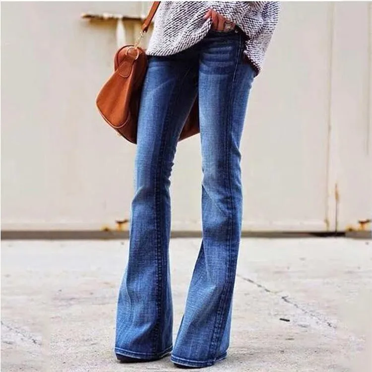 High Waist Flare Ripped Skinny Denim Wide Leg Jeans