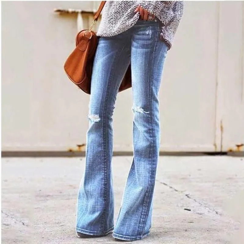 High Waist Flare Ripped Skinny Denim Wide Leg Jeans