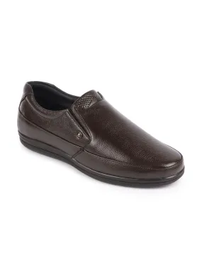 Men Brown Genuine Leather Formal Office Comfort Broad Feet Side Stitched Slip On Shoes