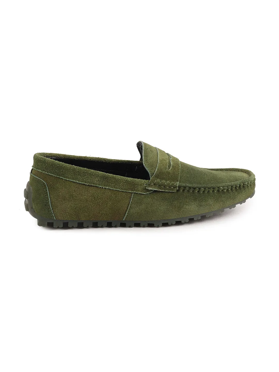 Men Mehandi Suede Leather Side Stitched Slip On Driving Loafers and Mocassin