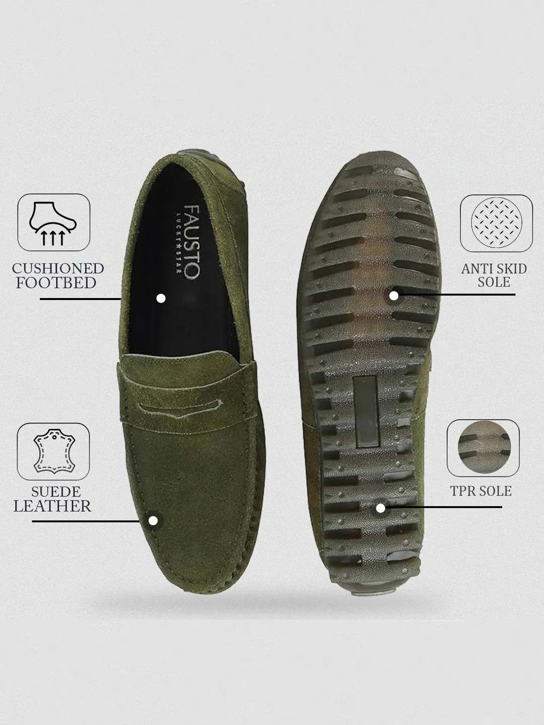 Men Mehandi Suede Leather Side Stitched Slip On Driving Loafers and Mocassin