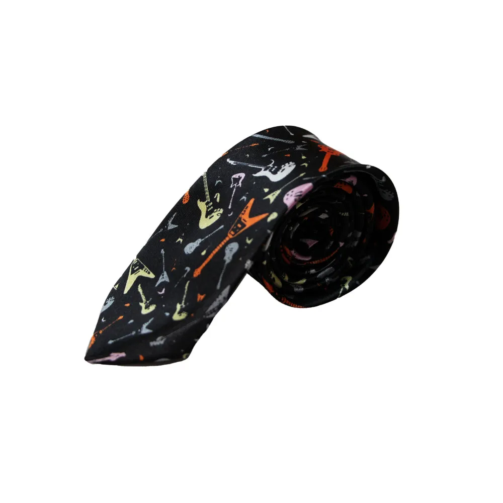 Mens Black With Coloured Guitars 5cm Skinny Neck Tie