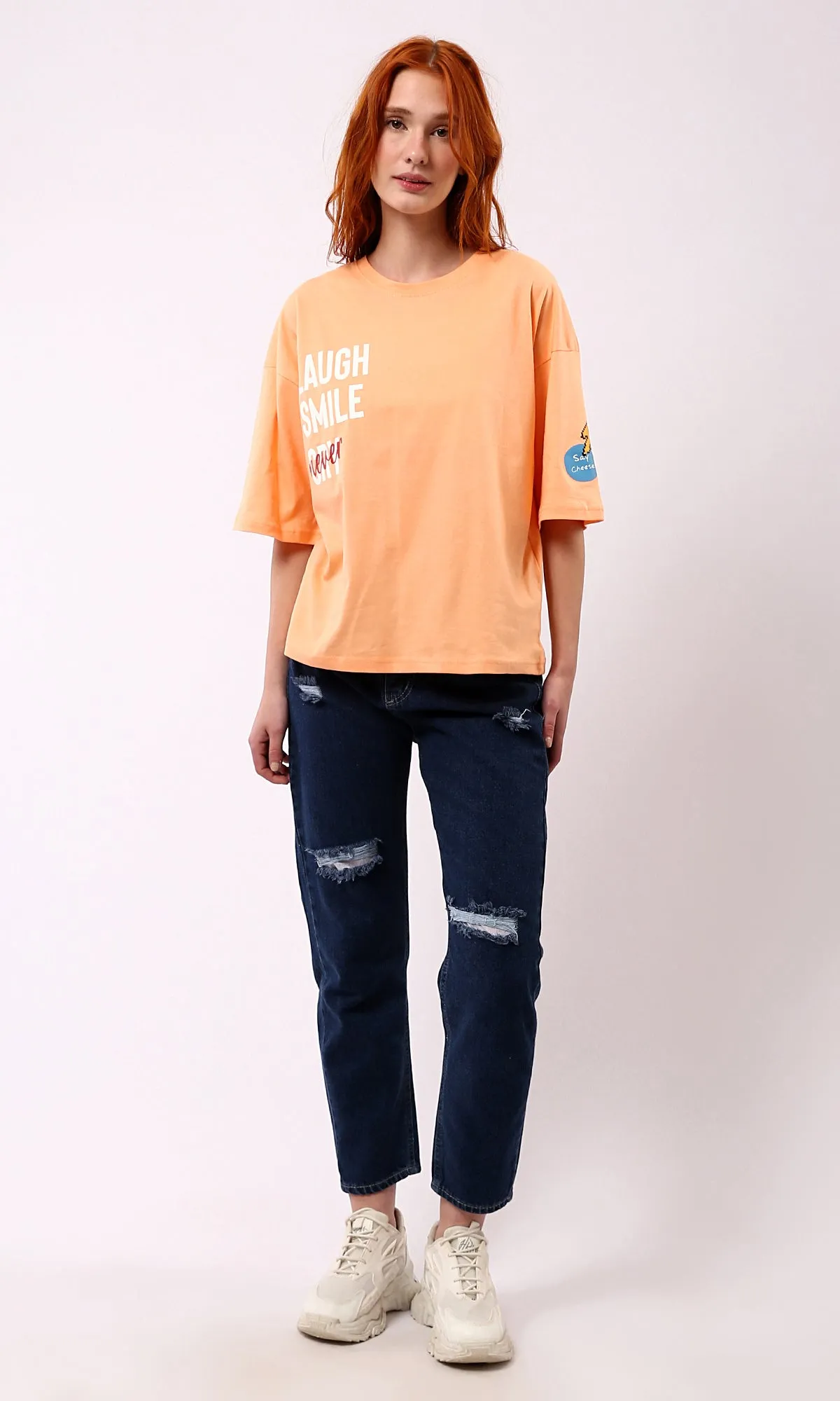 O180443 Crew Neck Light Orange Printed Summer Tee