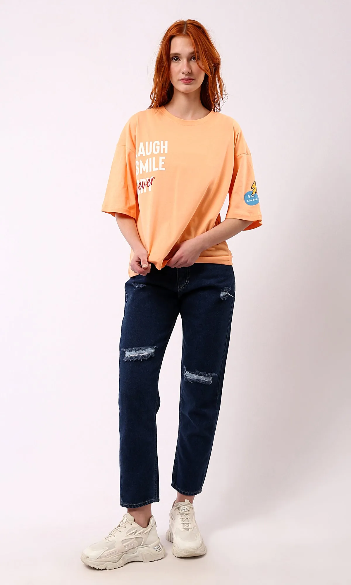 O180443 Crew Neck Light Orange Printed Summer Tee