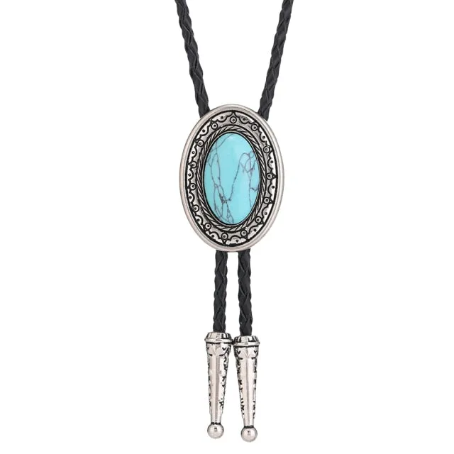 Western cowboy bolo tie leather collar rope oval turquoise retro pattern zinc alloy tie accessories unisex British rope