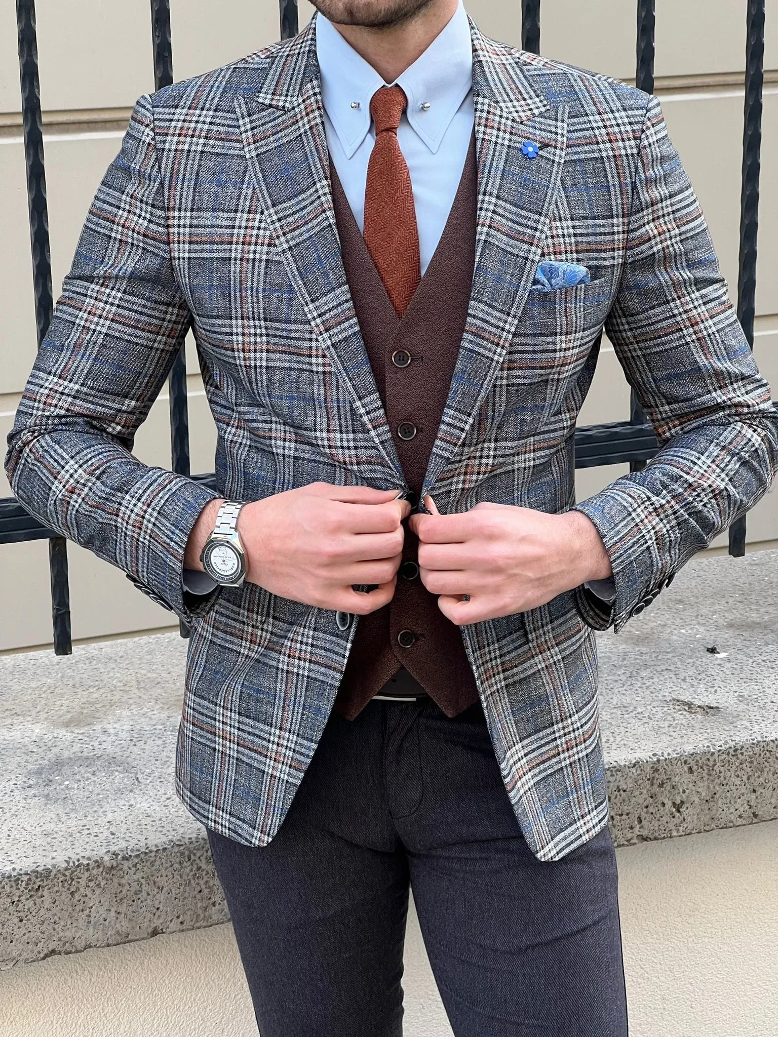 Slim Fit Wool Plaid Grey Suit Jacket