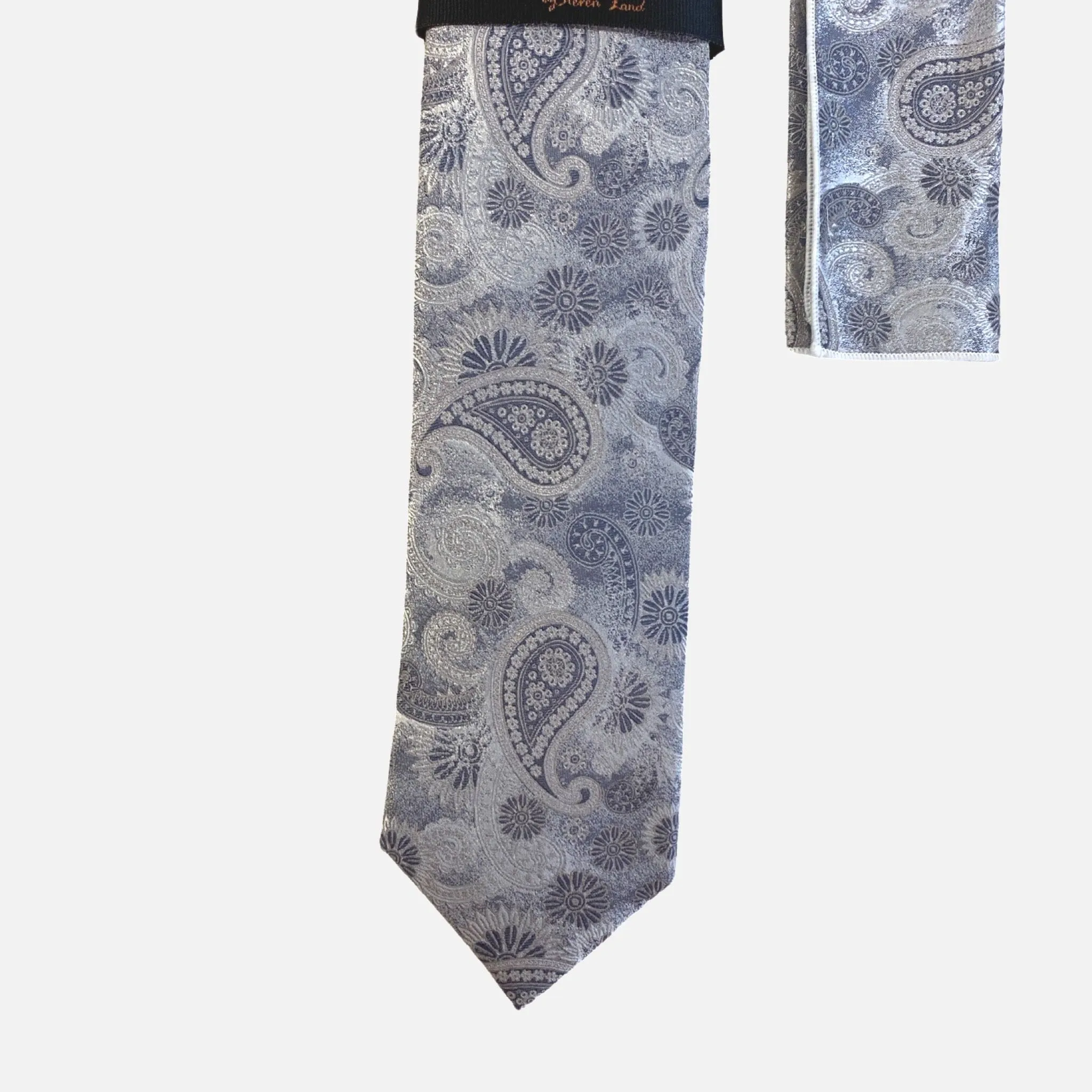 Steven Land “BW2430” Silver Silk Tie and Hanky