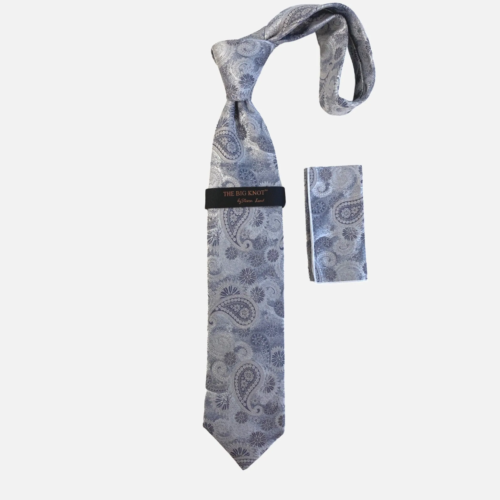 Steven Land “BW2430” Silver Silk Tie and Hanky