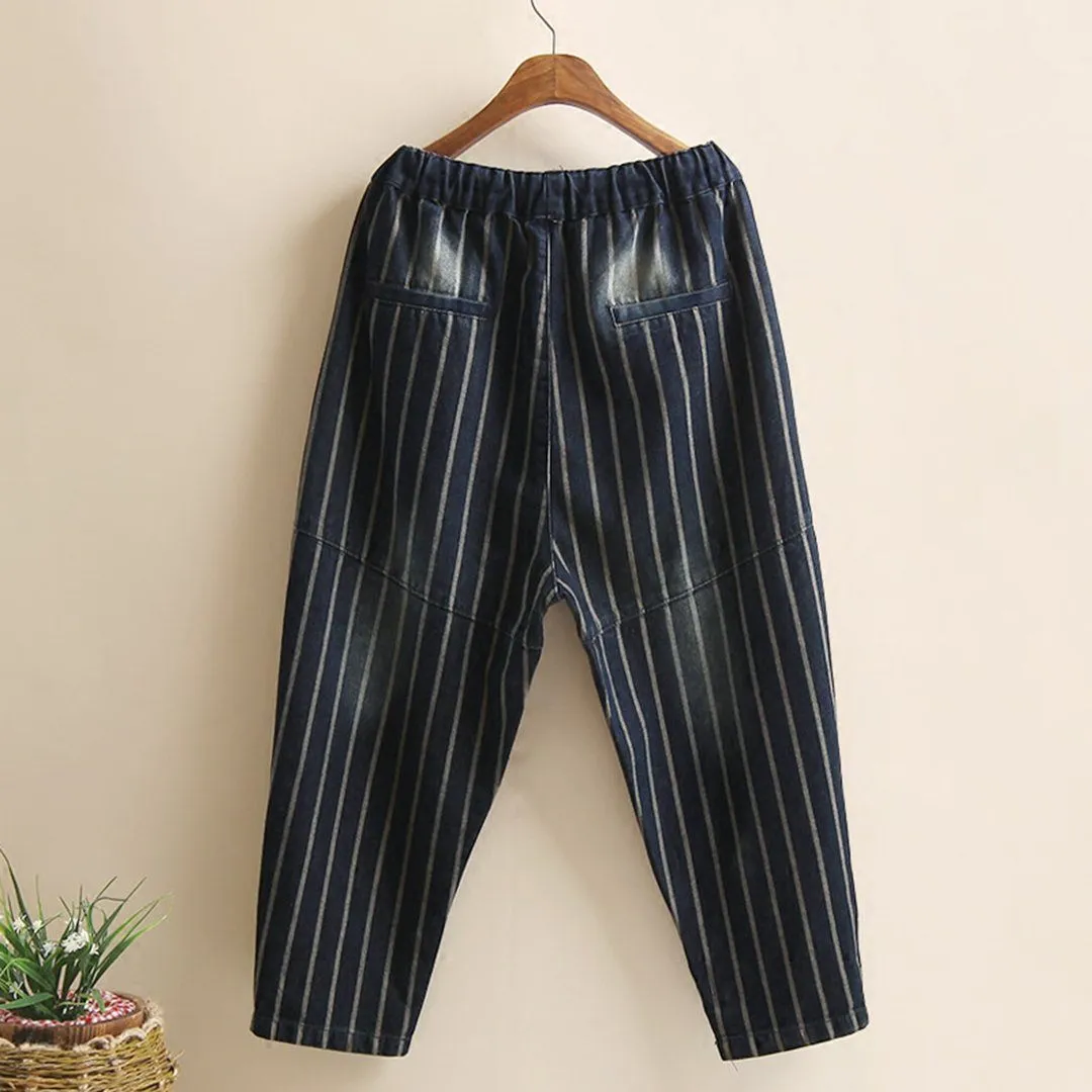 Stripes Elastic Waist Jeans