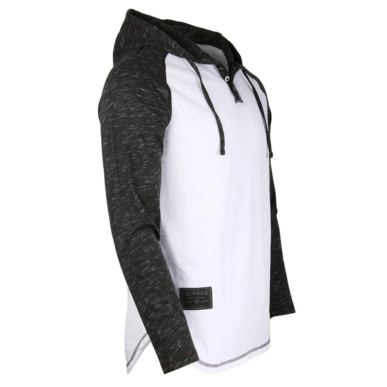 ZIMEGO Long Sleeve Raglan Henley Round Bottom Hood T-Shirts - WHITE/BLK