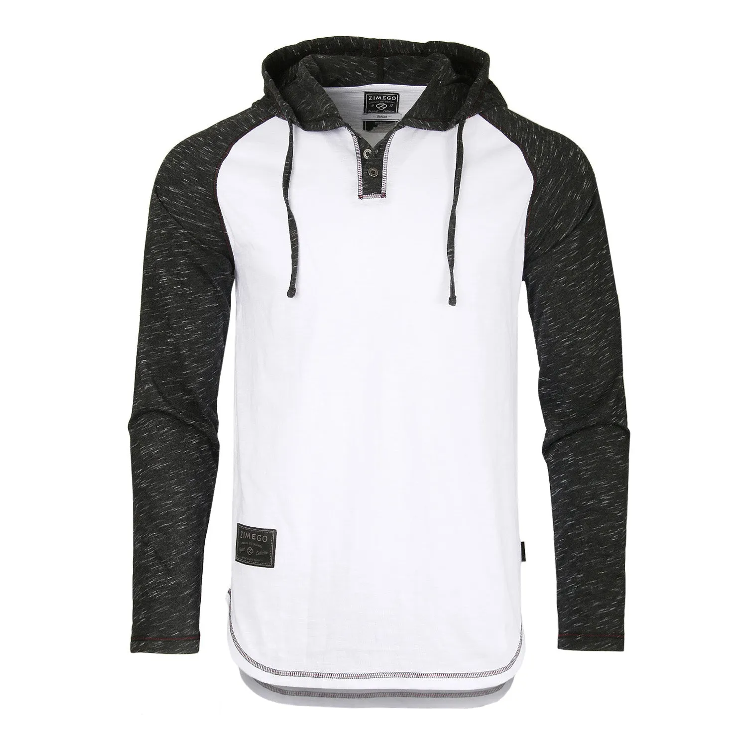 ZIMEGO Long Sleeve Raglan Henley Round Bottom Hood T-Shirts - WHITE/BLK